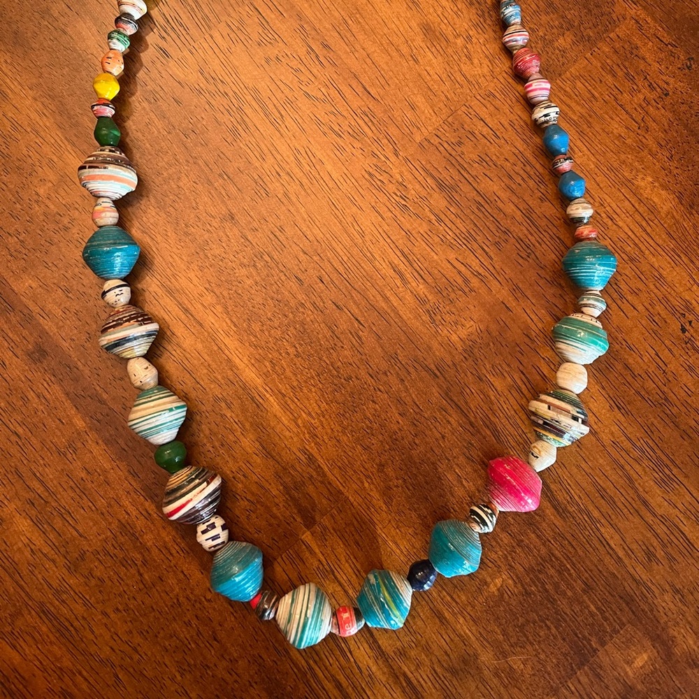 Handcrafted paper bead necklace. 14”